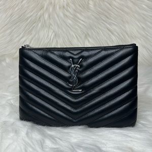 YSL Saint Laurent Calfskin Chevron Matelasse Pouch Clutch